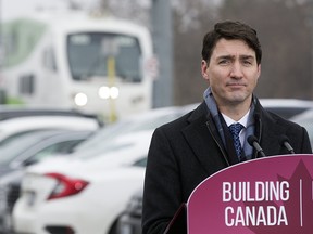 Prime Minister Justin Trudeau makes a funding announcement at the GO Transit Station in Maple, north of Toronto, on Feb. 7, 2019.