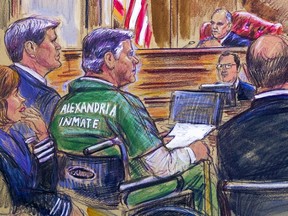 This courtroom sketch depicts former Trump campaign chairman Paul Manafort, centre in a wheelchair, during his sentencing hearing in federal court before judge T.S. Ellis III in Alexandria, Va., Thursday, March 7, 2019.