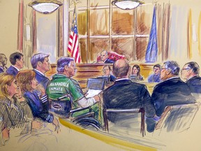 Former Trump campaign chairman Paul Manafort, in a wheelchair, listens during his sentencing hearing before judge T.S. Ellis III in Alexandria, Va., Thursday, March 7, 2019, in this courtroom sketch.