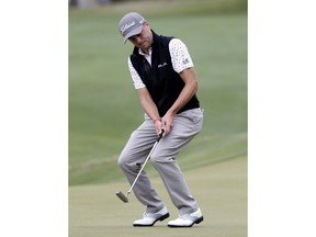 Justin Thomas reacts as he misses a putt on the fifth hole during round-robin play at the Dell Technologies Match Play Championship golf tournament, Friday, March 29, 2019, in Austin, Texas.