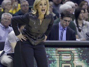 Baylor head coach Kim Mulkey shouts at her players during a game against Oklahoma State in the first half of an NCAA college basketball game, Saturday, March 2, 2019, in Waco, Texas.