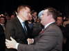 Jason Kenney, right, shakes hands with rival Brian Jean after it was announced that Kenney was elected leader of the United Conservative Party on Oct. 28, 2017.