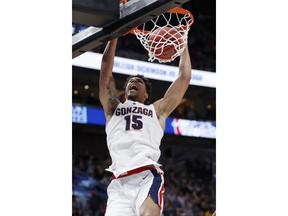 Gonzaga forward Brandon Clarke (15) dunks against Fairleigh Dickinson during the first half of a first-round game in the NCAA men's college basketball tournament Thursday, March 21, 2019, in Salt Lake City.