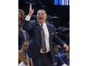 Auburn head coach Bruce Pearl shouts to his team in the first half during a first round men's college basketball game in the NCAA Tournament, against New Mexico State Thursday, March 21, 2019, in Salt Lake City.