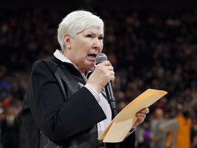 Gail Miller, owner and chairwoman of the Utah Jazz, addresses the crowd before an NBA basketball game against the Minnesota Timberwolves, Thursday, March 14, 2019, in Salt Lake City. Miller warned fans to not engage in inappropriate language with players. There was a recent incident involving a fan and a player from the Oklahoma Thunder where the fan has since been banned from Vivint Smart Home Arena.