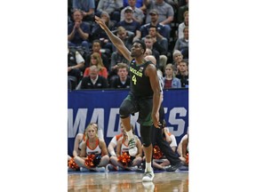 Baylor guard Mario Kegler (4) celebrates after scoring a 3-pointer against Syracuse during the first half of a first-round game in the NCAA men's college basketball tournament Thursday, March 21, 2019, in Salt Lake City.