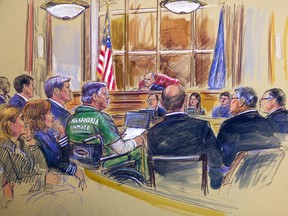 This courtroom sketch depicts former Trump campaign chairman Paul Manafort, center in a wheelchair, during his sentencing hearing in federal court before judge T.S. Ellis III in Alexandria, Va., Thursday, March 7, 2019. Manafort was sentenced to nearly four years in prison for tax and bank fraud related to his work advising Ukrainian politicians, a significant break from sentencing guidelines that called for a 20-year prison term.