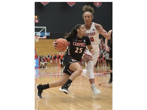 Campbell guard Luana Serranho (25) drives into Radford defender Lydia Rivers (20) during the first half of the Big South conference NCAA women's basketball championship game in Radford, Va., Sunday, March 17, 2019.