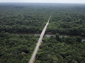 The BR-174 highway cuts through the Waimiri-Atroari reserve in Brazil's Amazon state, Wednesday, Feb. 27, 2019. Federal prosecutors, who accuse the Brazilian state of genocide in a civil suit, said hundreds, if not thousands, of tribe members died between 1968 and 1977, when the highway was built, due to military strikes or diseases that came after its forceful construction through the reserve.