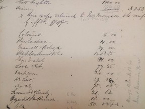 A handwritten document from 1875, shown in a handout photo, showing the debts left behind following the death of John (Gassy Jack) Deighton, a gold prospector, steamboat pilot and saloon operator in New Westminster and Granville, whose bar in what is now Gastown helped found the future City of Vancouver. The document is being auctioned online this Saturday in Vancouver.