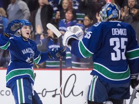 Vancouver Canucks' Adam Gaudette, left, and goalie Thatcher Demko celebrate after Vancouver Canucks defeated the Los Angeles Kings in a shootout during an NHL hockey game in Vancouver, on Thursday March 28, 2019.
