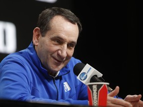 Duke head coach Mike Krzyzewski answers questions during a news conference at the NCAA men's college basketball tournament in Washington, Thursday, March 28, 2019. Duke plays Virginia Tech in an East Regional semifinal game on Friday. (AP Pablo Martinez Monsivais}
