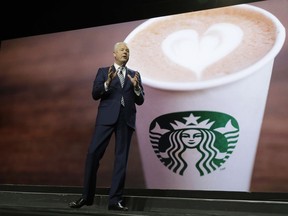 Starbucks CEO Kevin Johnson speaks Wednesday, March 20, 2019, at the company's annual shareholders meeting in Seattle.