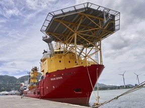 The research vessel Ocean Zephyr docked in Victoria, the Seychelles, on Friday March 1, 2019, where it will spend several days loading and testing equipment ahead of a weeks-long expedition to explore the depths of the Indian Ocean. The Ocean Zephyr is the mothership of the British-based Nekton Mission for scientists to document the impact of global warming in the unexplored frontier of the Indian Ocean that could affect billions of people in the surrounding region over the coming decades.