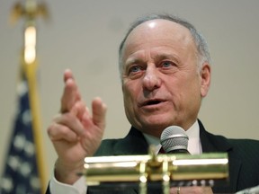 FILE - In this Jan. 26, 2019 file photo, Rep. Steve King, R-Iowa, speaks during a town hall meeting, in Primghar, Iowa. King says he was told that victims of Hurricane Katrina only asked for help, unlike Iowans. King told his constituents Thursday that as New Orleans recovered from the 2005 storm, someone from FEMA told him that "everybody's looking around saying, who's gonna help me, who's gonna help me?" In contrast, King said, "Iowans take care of each other." New Orleans is mostly black. Iowa is mostly white.