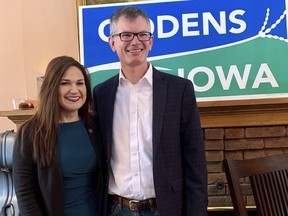 Rep. Abby Finkenauer, D-Iowa, poses with Eric Giddens, candidate for a special election for Iowa sate Senate, in Cedar Falls, Iowa, on March 9, 2019. Giddens, the liberal candidate for next week's Iowa state Senate special election is getting loads of attention from Democratic presidential candidates as they seek to build support among Iowa's grassroots. Danya Rafiqi via AP)