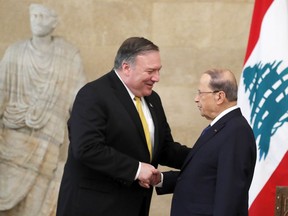 U.S. Secretary of State Mike Pompeo meets with Lebanon's President Michel Aoun at the presidential palace in Baabda, Lebanon, Friday, March 22, 2019.