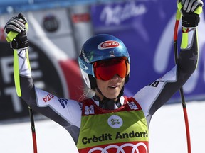 United States' Mikaela Shiffrin reacts after competing in the women's super G race at the alpine ski World Cup finals, in Soldeu, Andorra, Thursday, March 14, 2019.