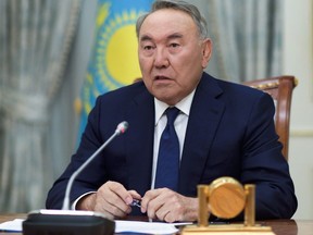 Kazakh President Nursultan Nazarbayev speaks during a televised address to the oil-rich nation in Astana, Kazakhstan, Tuesday, March 19, 2019. President Nursultan Nazarbayev, the only leader that independent Kazakhstan has ever known, abruptly announced his resignation Tuesday after three decades in power, raising uncertainty over the future course of the Central Asian country. (Kazakhstan's Presidential Press Service via AP)