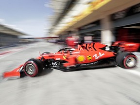 Ferrari driver Charles Leclerc of Monaco steers his car during the first free practice at the Formula One Bahrain International Circuit in Sakhir, Bahrain, Friday, March 29, 2019. The Bahrain Formula One Grand Prix will take place on Sunday.