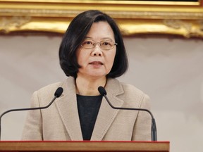 FILE - In this Jan. 1, 2019, file photo, Taiwanese President Tsai Ing-wen delivers a speech during the New Year press conference in Taipei, Taiwan. Taiwan's official Central News Agency (CNA) reports that from Thursday, March 21 to March 28, Tsai is embarking on a tour of diplomatic allies in the Pacific that will end with a stopover in Hawaii.