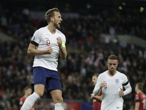 England's Harry Kane celebrates his sides second goal during the Euro 2020 group a qualifying soccer match between England and the Czech Republic at Wembley stadium in London, Friday March 22, 2019.