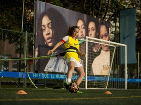 Sara Pulecio, who played for Colombia's soccer club La Equidad, controls the ball during a soccer clinic for professional female players in Bogota, Colombia, Friday, March 8, 2019. Pulecio has represented Colombia in five international tournaments but has barely trained since the season ended last May and could be out of a job altogether this year, as soccer officials contemplate cancelling the local women's' league, due to its poor economic performance.