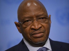 Prime Minister of Mali Soumeylou Boubèye Maïga listens, during a press briefing before his address to a meeting in the United Nations Security Council, hosted by France at U.N. headquarters, Friday March 29, 2019.