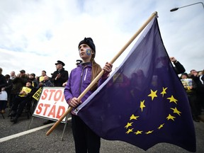 The Border Communities Against Brexit group hold a protest along the border between the Republic of Ireland and the United Kingdom on March 30, 2019 in Newry, Northern Ireland.