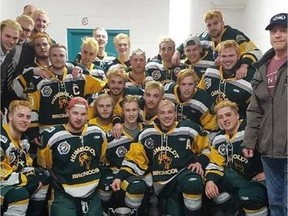 Members of the Humboldt Broncos junior hockey team are shown in a photo posted to the team Twitter feed, @HumboldtBroncos on March 24, 2018 after a playoff win over the Melfort Mustangs.