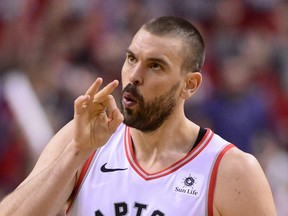 Toronto Raptors centre Marc Gasol (33) celebrates his three point basket against the Orlando Magic during second half NBA basketball playoff action in Toronto, on Saturday, April 13, 2019.