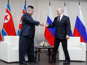 Russian President Vladimir Putin meets with North Korean leader Kim Jong Un at the Far Eastern Federal University campus on Russky island in the far-eastern Russian port of Vladivostok on April 25, 2019.