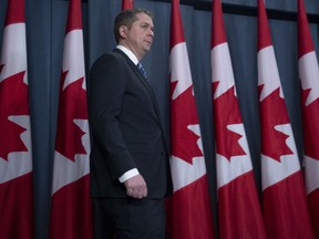 Leader of the Opposition Andrew Scheer walks to the podium for a news conference in Ottawa, Monday April 29, 2019.