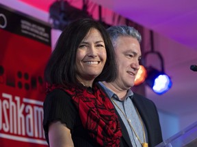 NAC Indigenous Theatre Artistic Director Kevin Loring and Managing Director Lori Marchand smile as they unveil the theatre's first season, Tuesday April 30, 2019 in Ottawa.