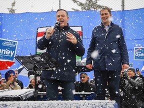 United Conservative Party leader Jason Kenney, left, and federal Conservative Party leader Andrew Scheer attend a campaign rally in Calgary, Alta., Thursday, April 11, 2019.THE CANADIAN PRESS/Jeff McIntosh ORG XMIT: JMC115
