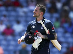 FILE - In this Wednesday, Feb. 27, 2019 file photo, England's Alex Hales leaves the field after his dismissal during the fourth One Day International cricket match against West Indies at the National Stadium in St. George's, Grenada. Hales will not play in the upcoming Cricket World Cup after being removed from all of England's squads for the international season. The England and Wales Cricket Board says the decision was based on "creating the right environment within the team and ensuring that there are no unnecessary distractions." Hales has recently been suspended for an undisclosed off-the-field incident.