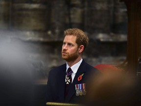 Britain's Prince Harry, the Duke of Sussex attends the Anzac Day Service of Commemoration and Thanksgiving at Westminster Abbey, in London, Thursday April 25, 2019. Anzac Day has been commemorated in London since the first anniversary of the Anzac landings at Gallipoli in 1916, when King George V attended a service at Westminster Abbey and more than 2,000 Australian and New Zealand troops marched through the streets.