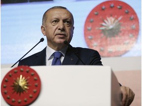 Turkey's President Recep Tayyip Erdogan speaks at an assembly for religious schools, in Istanbul, Saturday, April 13, 2019. Erdogan's ruling party still appealing the results of the local elections in Istanbul, where the opposition has a razor-thin lead and Erdogan said Wednesday election results in Istanbul should be canceled over irregularities.(Presidential Press Service via AP, Pool)