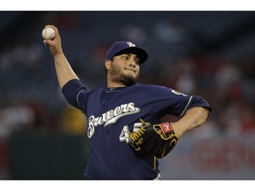Milwaukee Brewers starting pitcher Jhoulys Chacin throws against the Los Angeles Angels during the first inning of a baseball game, Monday, April 8, 2019, in Anaheim, Calif.