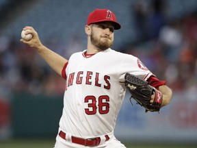 Los Angeles Angels starting pitcher Chris Stratton throws to a Seattle Mariners batter during the first inning of a baseball game Thursday, April 18, 2019, in Anaheim, Calif.