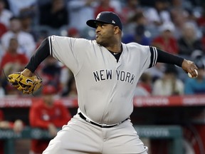 New York Yankees starting pitcher CC Sabathia throws to the Los Angeles Angels during the first inning of a baseball game Wednesday, April 24, 2019, in Anaheim, Calif.