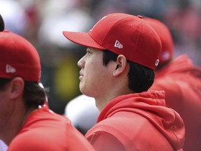 Los Angeles Angels' Shohei Ohtani watches from the dugout during the first inning of the team's baseball game against the Texas Rangers, Sunday, April 7, 2019, in Anaheim, Calif.