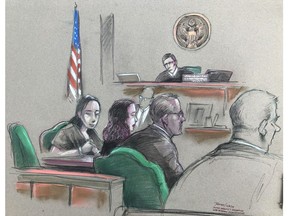 In this artist sketch, a Chinese woman, Yujing Zhang, left, listens to a hearing Monday, April 8, 2019, before federal Magistrate Judge William Matthewman in West Palm Beach, Fla. Secret Service agents arrested the 32-year-old woman March 30 after they say she gained admission by falsely telling a checkpoint she was a member and was going to swim.