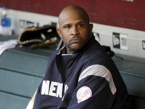 New York Yankees starting pitcher C.C. Sabathia waits for the team's baseball game against the Arizona Diamondbacks, Tuesday, April 30, 2019, in Phoenix.