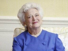 In this 1990 file photo, first lady Barbara Bush appears at the White House in Washington.