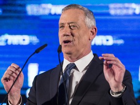 Benny Gantz, leader of Blue and White delivers a speech during his closure campaign rally on April 7, 2019 in Tel Aviv, Israel.