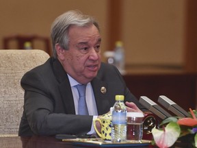 Secretary-General of the United Nations Antonio Guterres speaks with Chinese Premier Li Keqiang, not pictured, during their meeting at the Diaoyutai State Guesthouse, Friday, April 26, 2019, in Beijing.