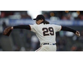 San Francisco Giants pitcher Jeff Samardzija works against the Colorado Rockies during the first inning of a baseball game Thursday, April 11, 2019, in San Francisco.