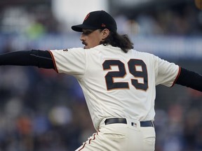 San Francisco Giants pitcher Jeff Samardzija works against the Los Angeles Dodgers in the first inning of a baseball game Monday, April 29, 2019, in San Francisco.