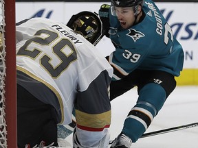 San Jose Sharks' Logan Couture (39) takes a shot against Vegas Golden Knights' goalie Marc-Andre Fleury (29) during the first period of Game 5 of an NHL hockey first-round playoff series Thursday, April 18, 2019, in San Jose, Calif.